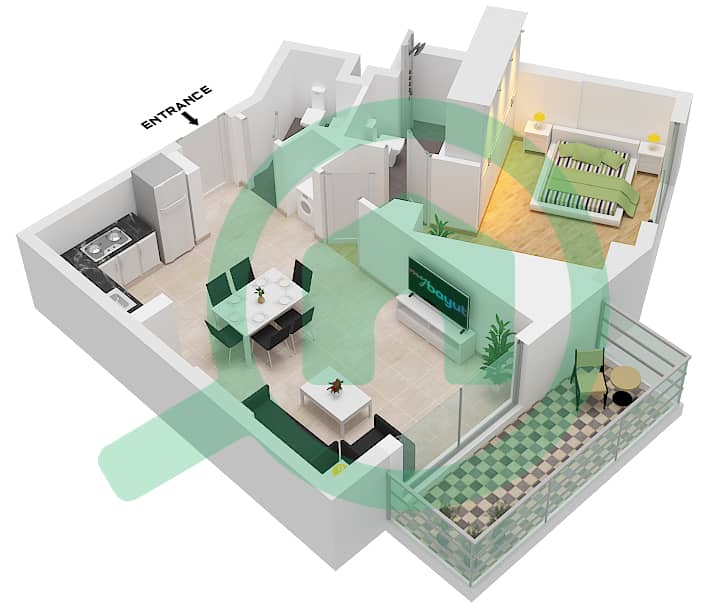 المخططات الطابقية لتصميم النموذج 1 شقة 1 غرفة نوم - سكن أوكلي سكوير interactive3D