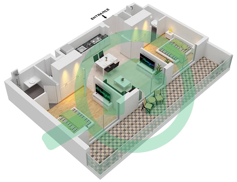 Окли Сквер Резиденс - Апартамент 2 Cпальни планировка Тип 1 interactive3D