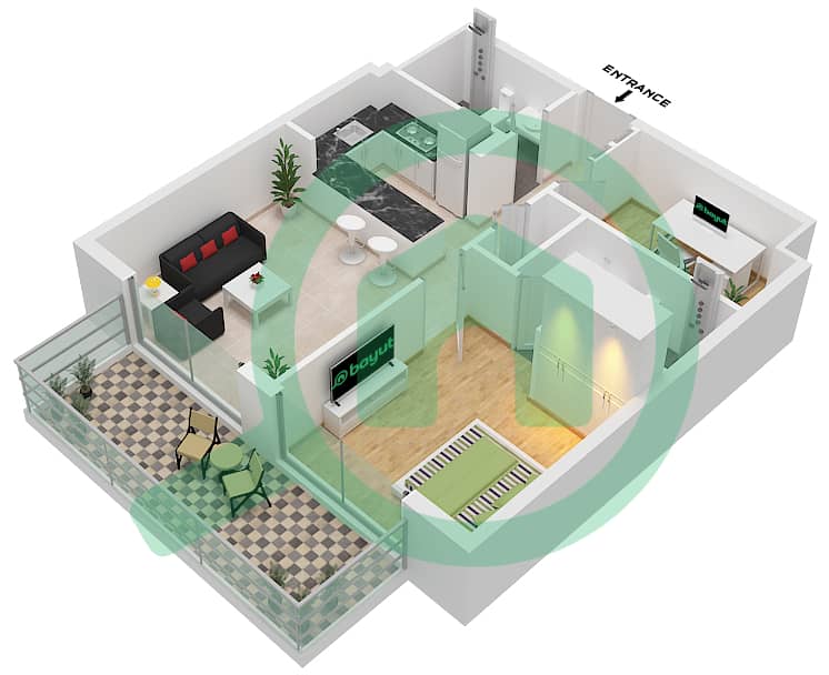 المخططات الطابقية لتصميم النموذج 10 شقة 1 غرفة نوم - سكن أوكلي سكوير interactive3D