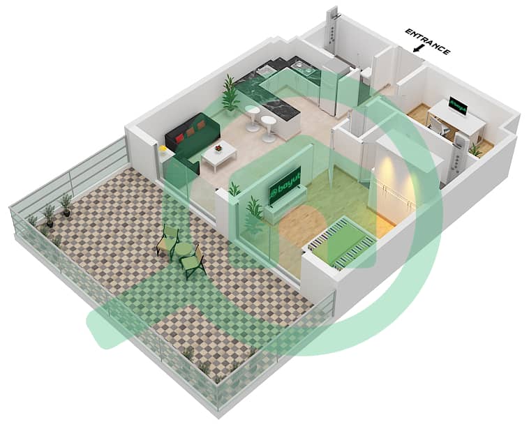 Окли Сквер Резиденс - Апартамент 1 Спальня планировка Тип 11 interactive3D