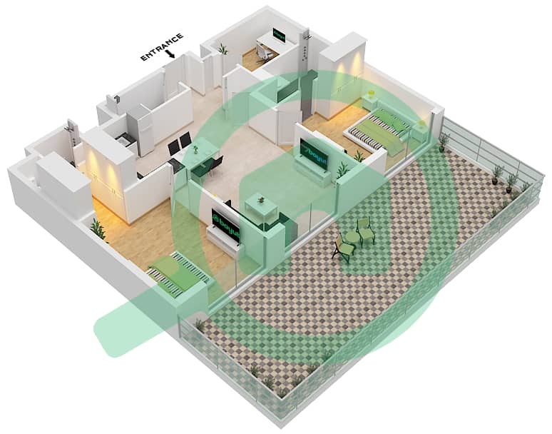 Окли Сквер Резиденс - Апартамент 2 Cпальни планировка Тип 3 interactive3D