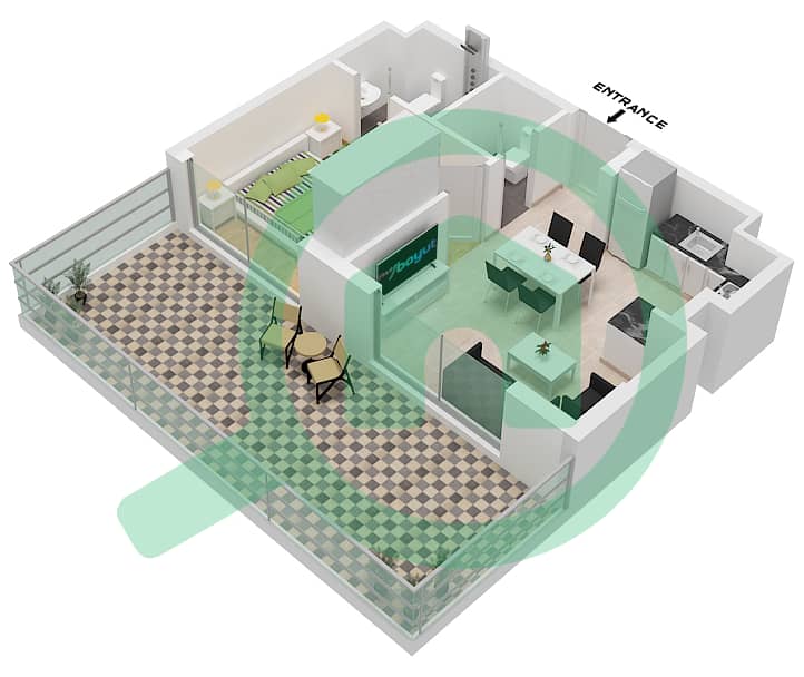 奥克利广场公寓 - 1 卧室公寓类型2戶型图 interactive3D