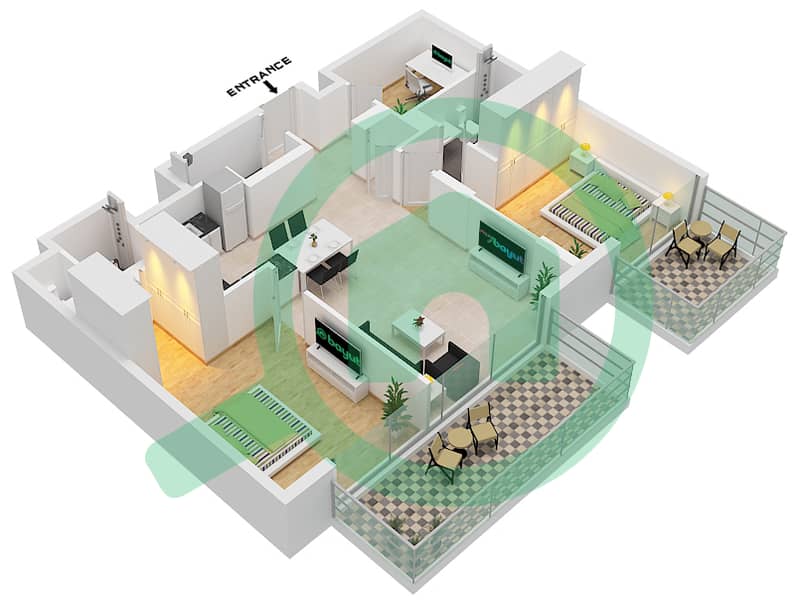 Окли Сквер Резиденс - Апартамент 2 Cпальни планировка Тип 2 interactive3D