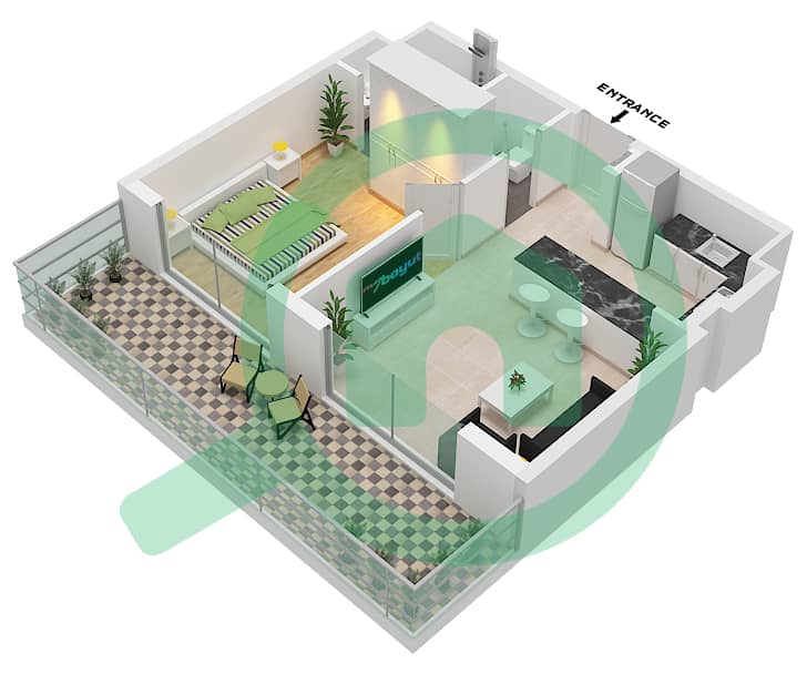 Окли Сквер Резиденс - Апартамент 1 Спальня планировка Тип 3 interactive3D