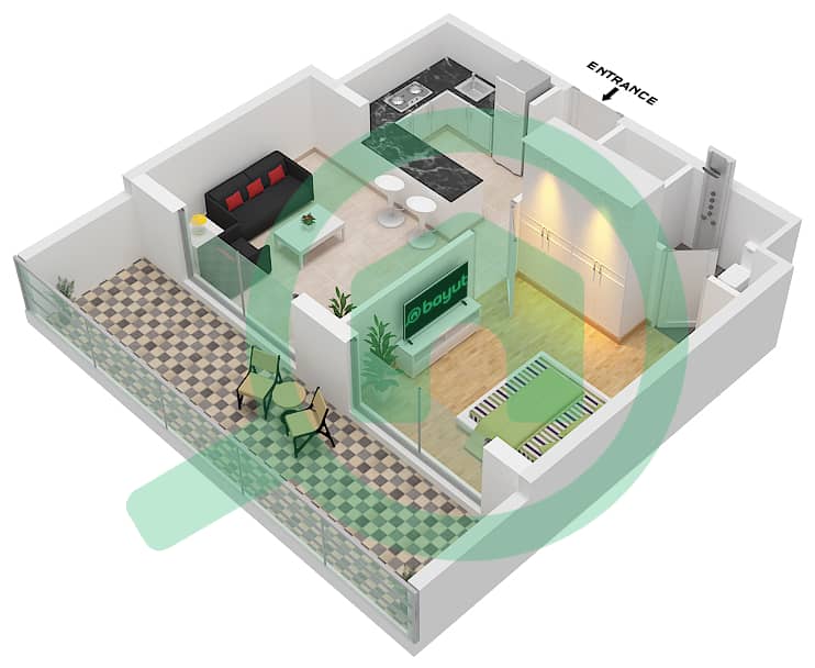 المخططات الطابقية لتصميم النموذج 4 شقة 1 غرفة نوم - سكن أوكلي سكوير interactive3D