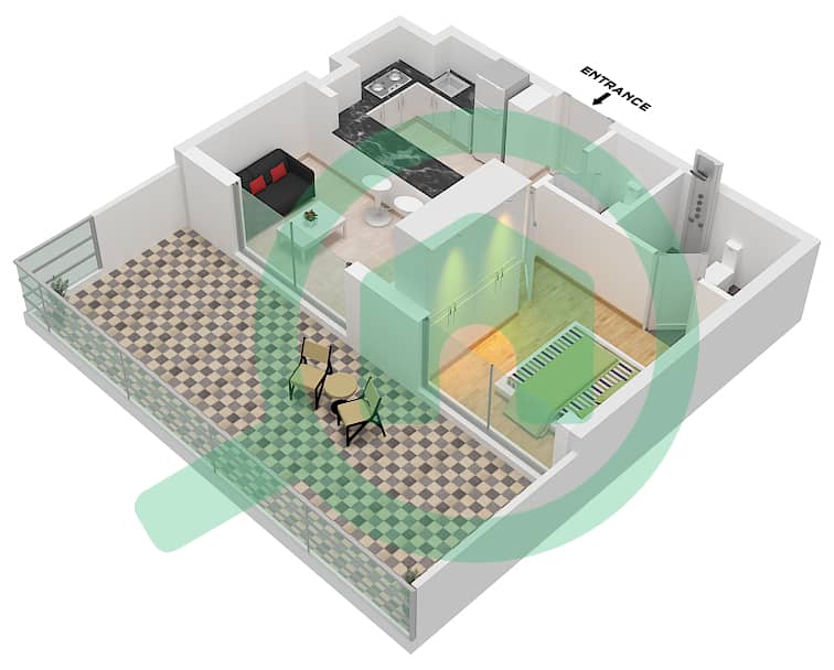 Окли Сквер Резиденс - Апартамент 1 Спальня планировка Тип 6 interactive3D