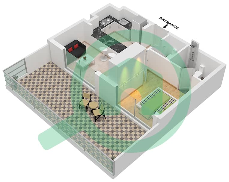 Окли Сквер Резиденс - Апартамент 1 Спальня планировка Тип 7 interactive3D
