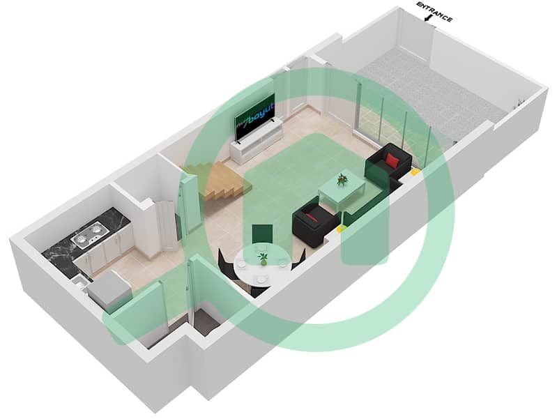 المخططات الطابقية لتصميم النموذج B تاون هاوس 1 غرفة نوم - ركان 2 Ground Floor interactive3D