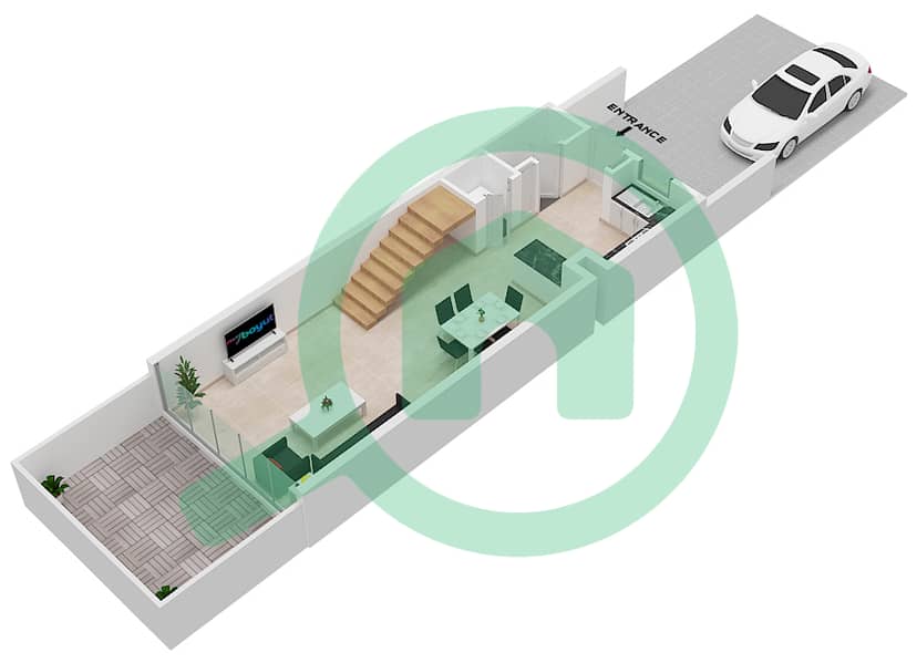 المخططات الطابقية لتصميم النموذج A تاون هاوس 2 غرفة نوم - ركان 2 Ground Floor interactive3D
