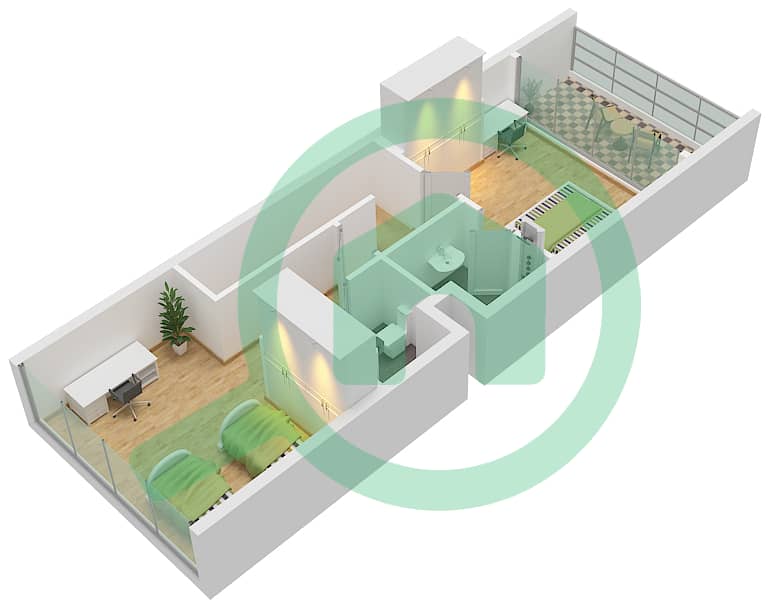 المخططات الطابقية لتصميم النموذج A تاون هاوس 2 غرفة نوم - ركان 2 First Floor interactive3D