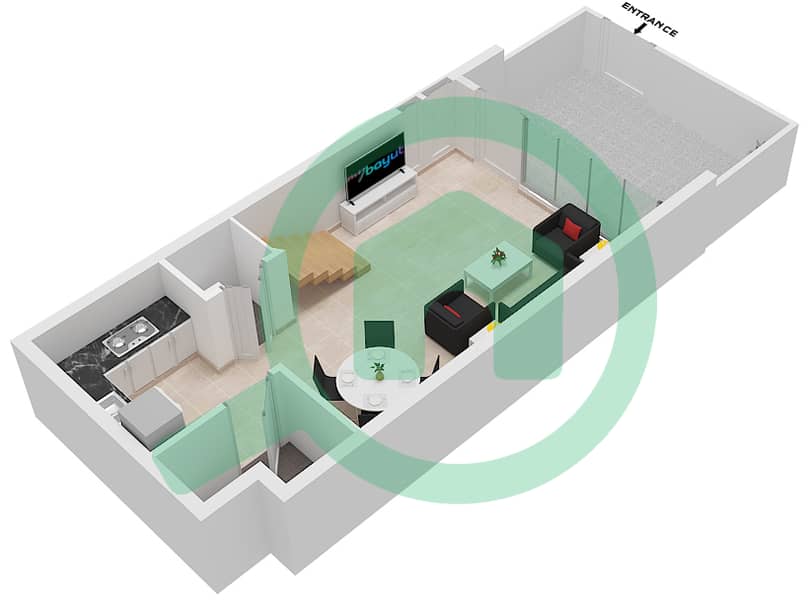 المخططات الطابقية لتصميم النموذج A1 تاون هاوس 1 غرفة نوم - ركان 2 Ground Floor interactive3D