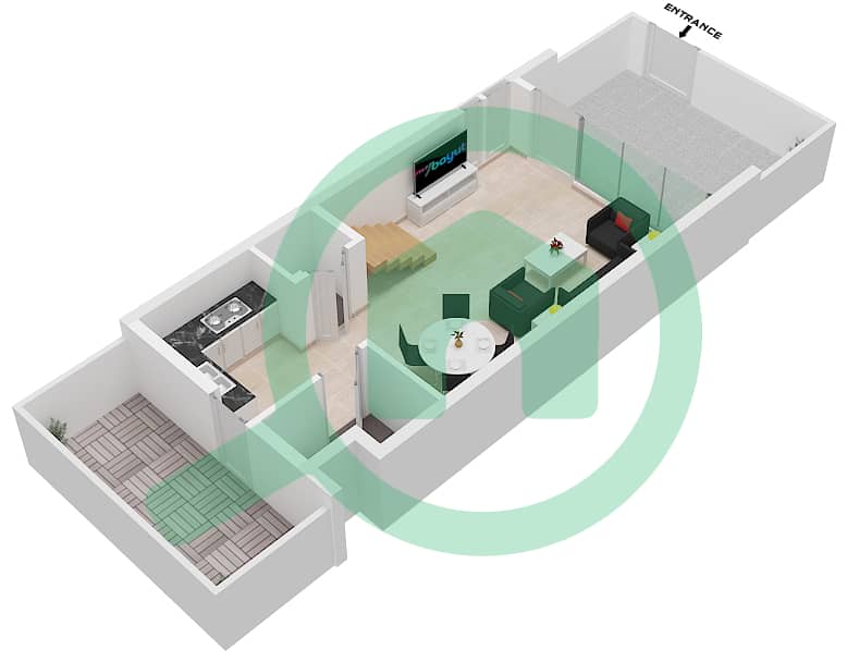 المخططات الطابقية لتصميم النموذج B1 تاون هاوس 1 غرفة نوم - ركان 2 Ground Floor interactive3D