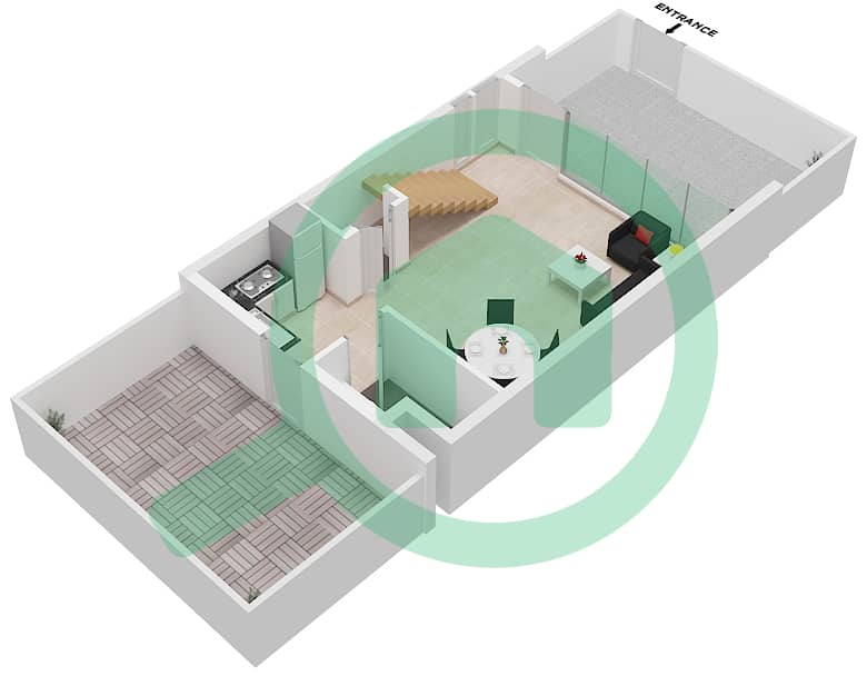المخططات الطابقية لتصميم النموذج D تاون هاوس 1 غرفة نوم - ركان 2 Ground Floor interactive3D