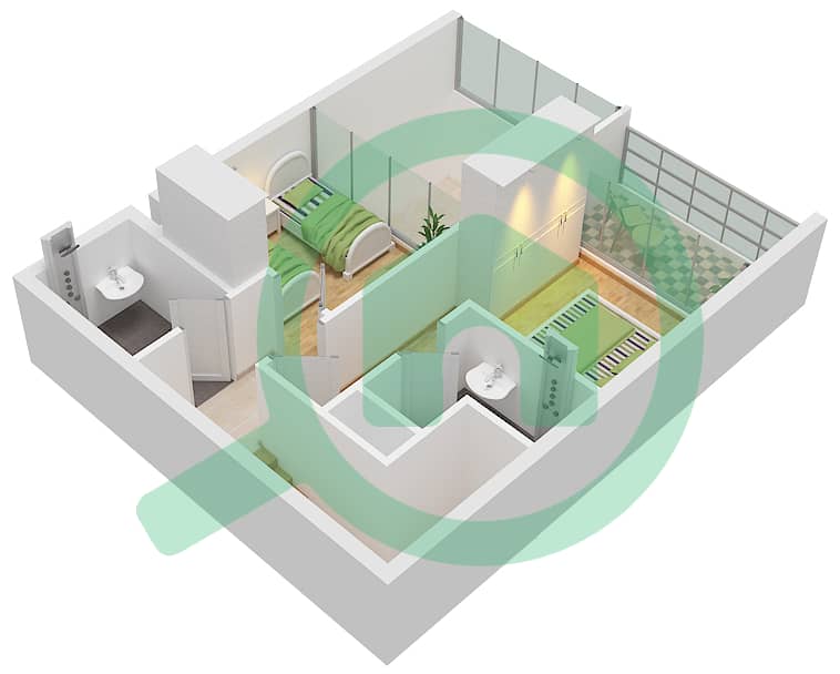 المخططات الطابقية لتصميم النموذج C2 تاون هاوس 2 غرفة نوم - ركان 2 First Floor interactive3D