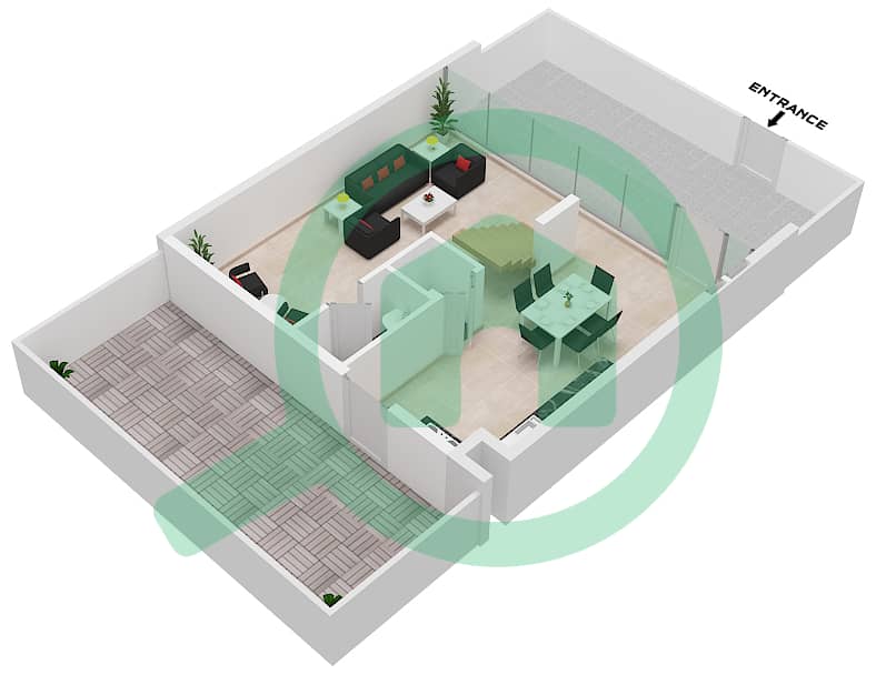المخططات الطابقية لتصميم النموذج D2 تاون هاوس 2 غرفة نوم - ركان 2 Ground Floor interactive3D