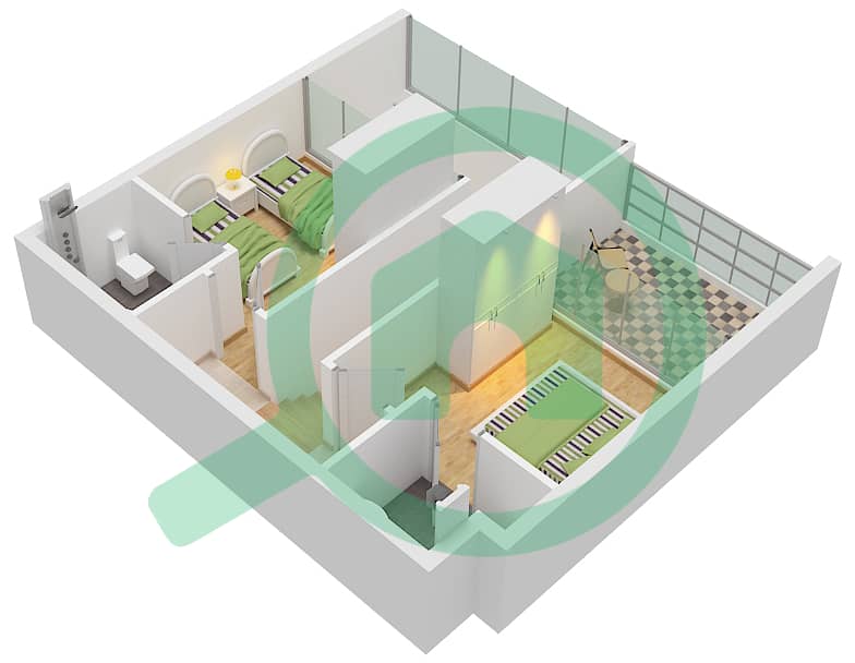 المخططات الطابقية لتصميم النموذج D2 تاون هاوس 2 غرفة نوم - ركان 2 First Floor interactive3D