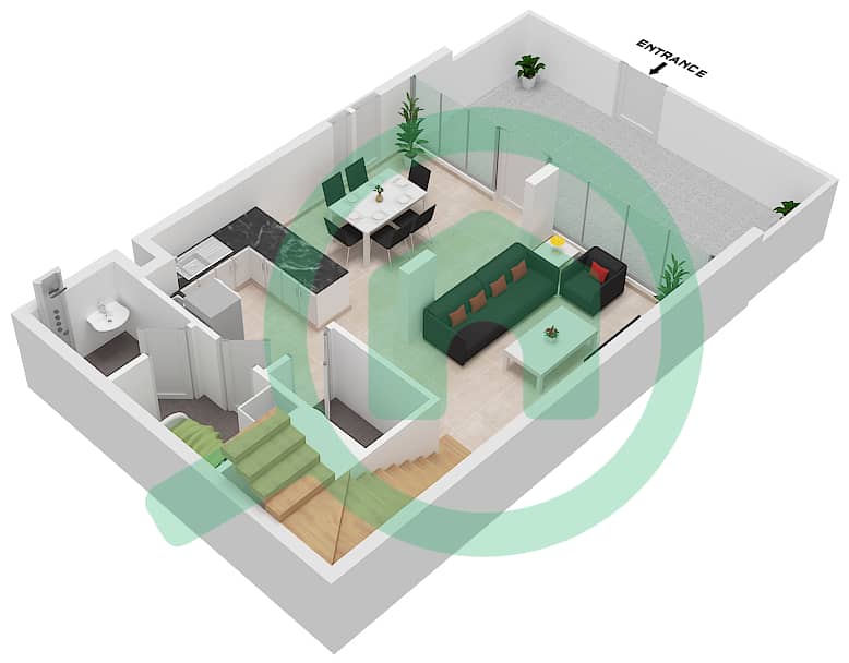 المخططات الطابقية لتصميم النموذج C2 تاون هاوس 2 غرفة نوم - ركان 2 Ground Floor interactive3D