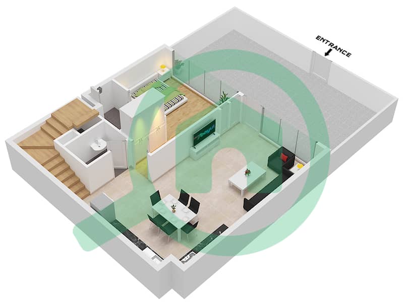 المخططات الطابقية لتصميم النموذج A3 تاون هاوس 3 غرف نوم - ركان 2 Ground Floor interactive3D