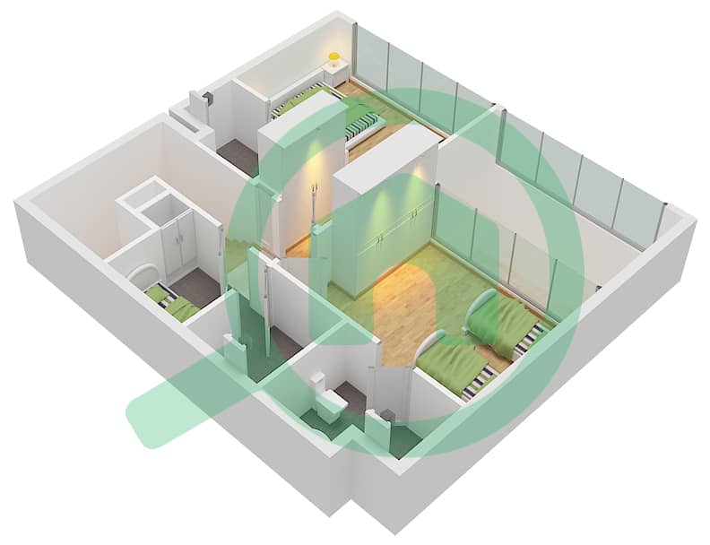 المخططات الطابقية لتصميم النموذج A3 تاون هاوس 3 غرف نوم - ركان 2 First Floor interactive3D