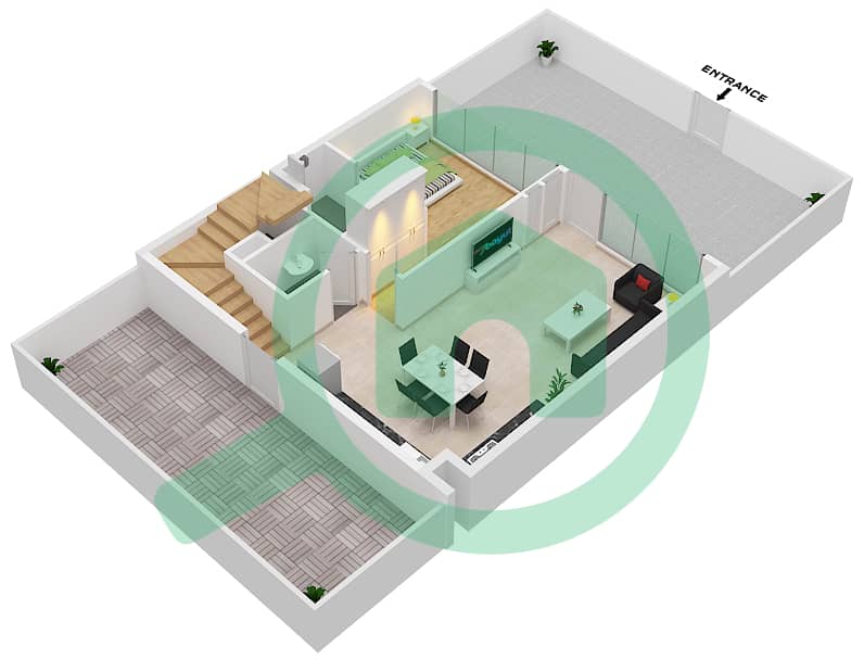 المخططات الطابقية لتصميم النموذج B3 تاون هاوس 3 غرف نوم - ركان 2 Ground Floor interactive3D