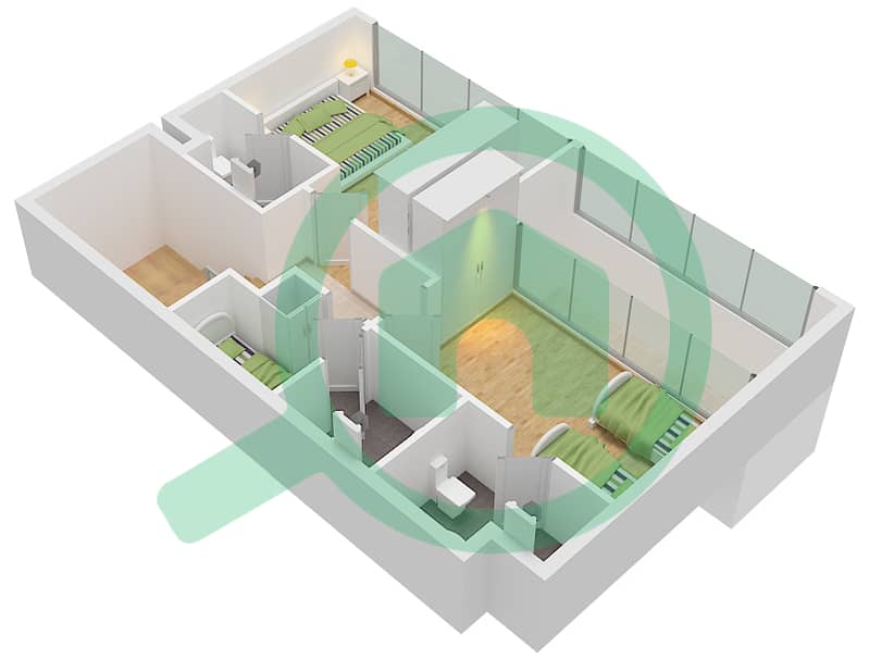 المخططات الطابقية لتصميم النموذج C3 تاون هاوس 3 غرف نوم - ركان 2 First Floor interactive3D