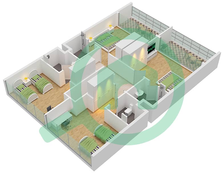 المخططات الطابقية لتصميم النموذج A4 تاون هاوس 4 غرف نوم - ركان 2 First Floor interactive3D