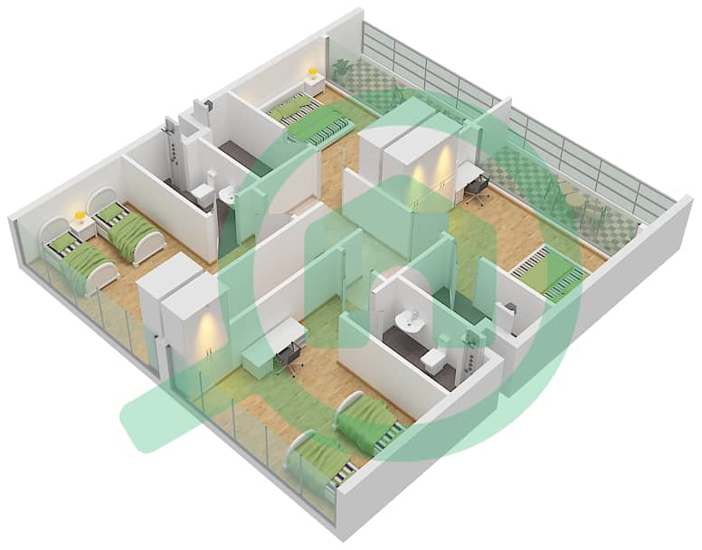 المخططات الطابقية لتصميم النموذج B4 تاون هاوس 4 غرف نوم - ركان 2 First Floor interactive3D
