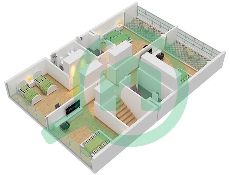 المخططات الطابقية لتصميم النموذج A5 تاون هاوس 5 غرف نوم - ركان 2 First Floor interactive3D
