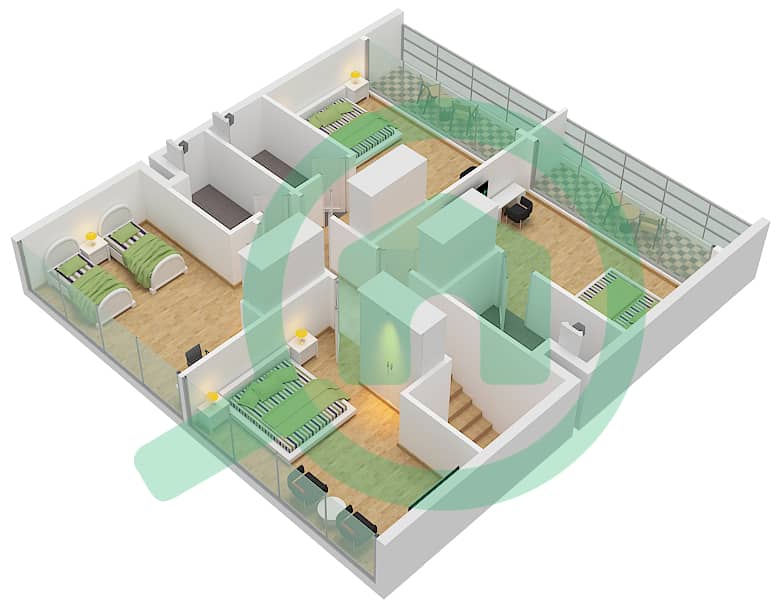 المخططات الطابقية لتصميم النموذج B5 تاون هاوس 5 غرف نوم - ركان 2 First Floor interactive3D