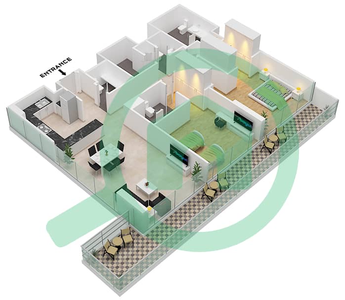 المخططات الطابقية لتصميم النموذج A شقة 2 غرفة نوم - مساكن القناة الأمامية interactive3D