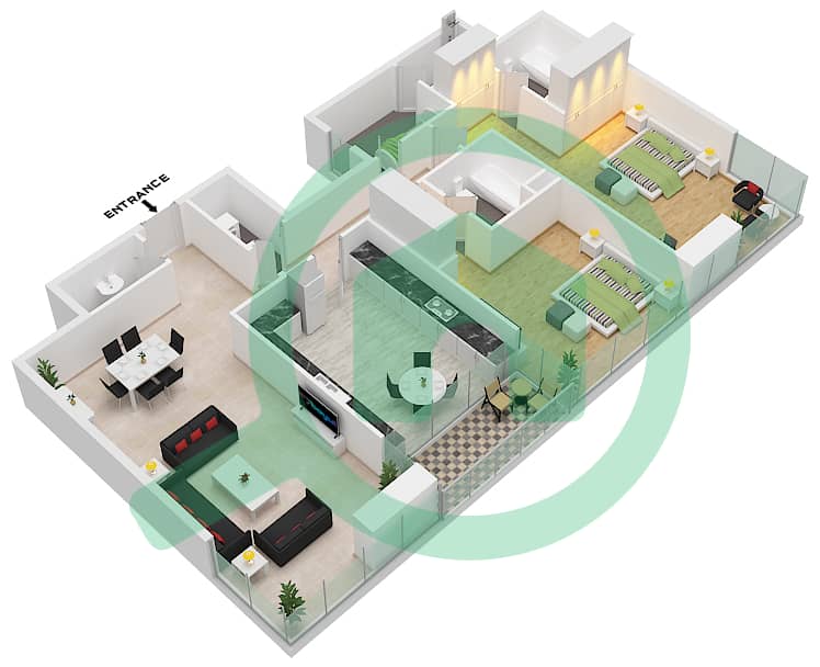 المخططات الطابقية لتصميم النموذج A شقة 2 غرفة نوم - برج السيف 2 interactive3D
