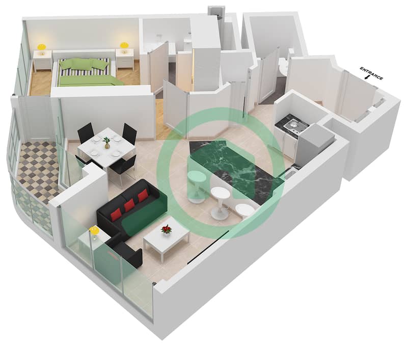The Crest Tower A - 1 Bedroom Apartment Type C FLOOR 7-16 Floor plan interactive3D