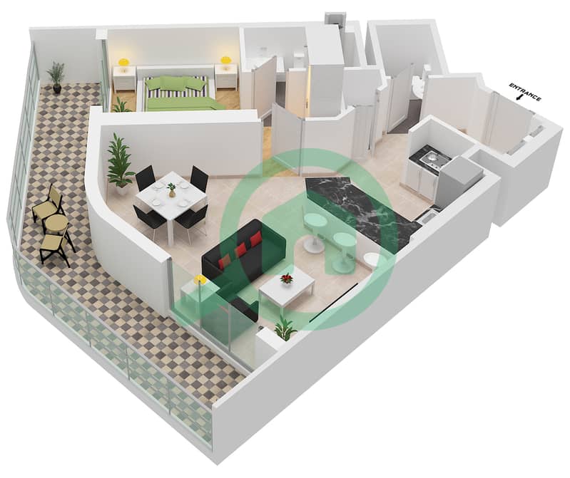 Крест Тауэр А - Апартамент 1 Спальня планировка Тип C1 FLOOR 1, 2-4 interactive3D