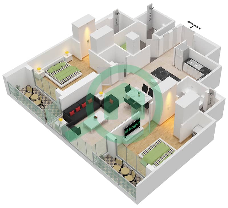 المخططات الطابقية لتصميم النموذج D FLOOR  2-5, 7-25 شقة 2 غرفة نوم - برج ذا كريست A interactive3D