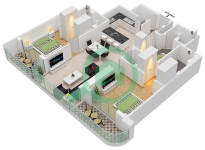 المخططات الطابقية لتصميم النموذج E FLOOR 2-5, 7-25 شقة 2 غرفة نوم - برج ذا كريست A