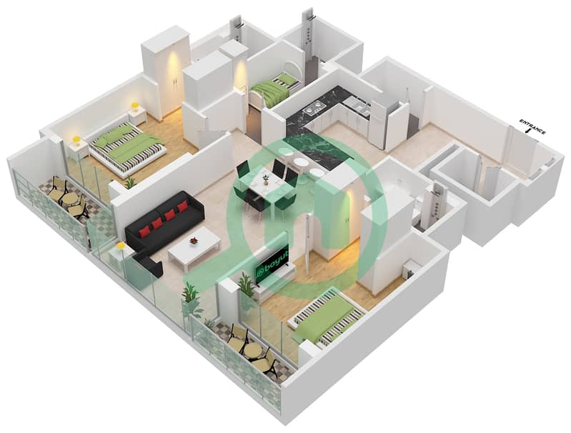 Крест Тауэр А - Апартамент 2 Cпальни планировка Тип F FLOOR 29-46 Floor 29-46 interactive3D