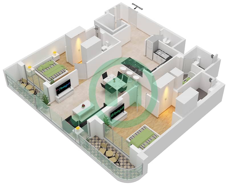 المخططات الطابقية لتصميم النموذج G FLOOR 29-46 شقة 2 غرفة نوم - برج ذا كريست A Floor 29-46 interactive3D