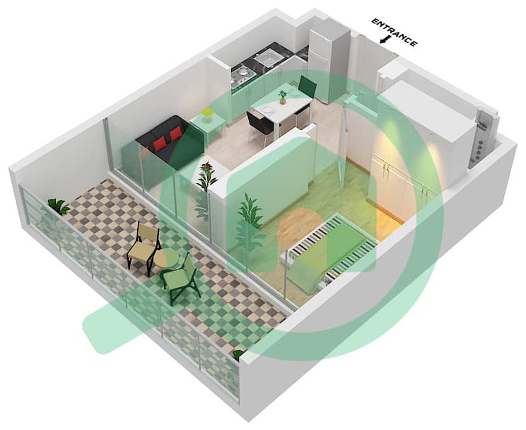 المخططات الطابقية لتصميم الوحدة 13 شقة 1 غرفة نوم - فيرا ريزيدنس interactive3D