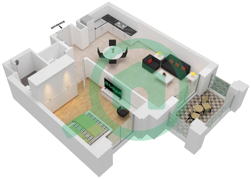 المخططات الطابقية لتصميم النموذج / الوحدة A1/108,208,308 شقة 1 غرفة نوم - بناية لماع 3 Floor 1-6 interactive3D