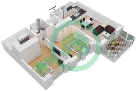 المخططات الطابقية لتصميم النموذج / الوحدة A1/104,204,304 شقة 2 غرفة نوم - بناية لماع 3