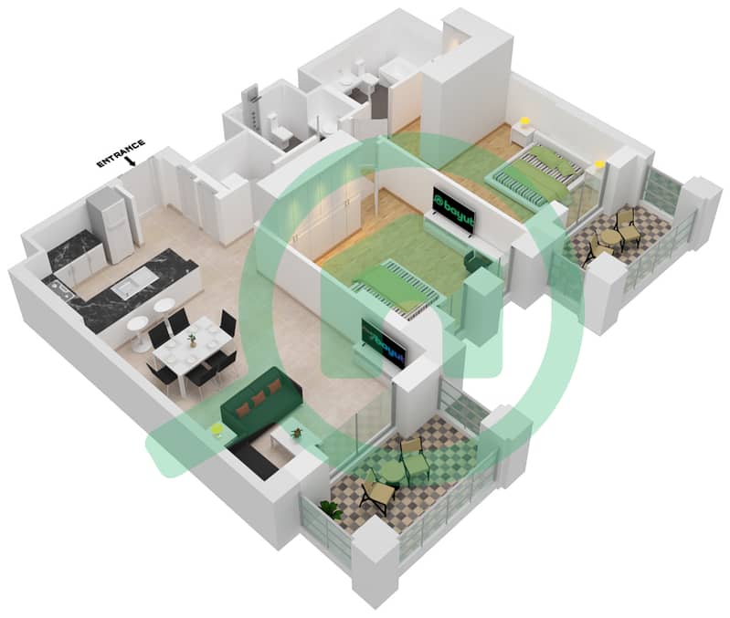 المخططات الطابقية لتصميم النموذج / الوحدة A6/103,203,303 شقة 2 غرفة نوم - بناية لماع 3 Floor 1-3 interactive3D