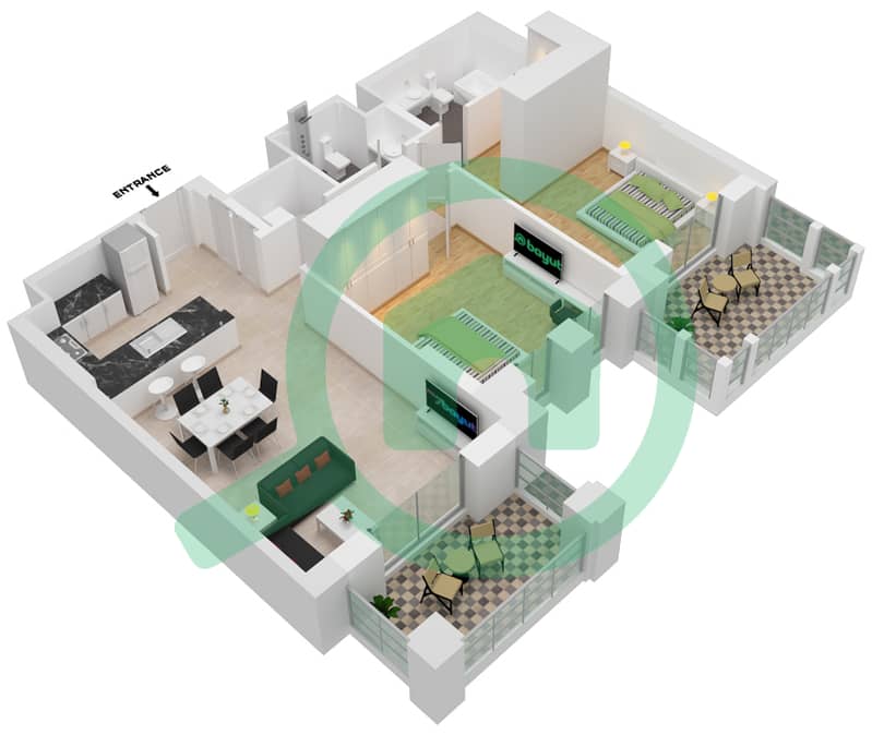 المخططات الطابقية لتصميم النموذج / الوحدة A6/403 شقة 2 غرفة نوم - بناية لماع 3 Floor 4 interactive3D