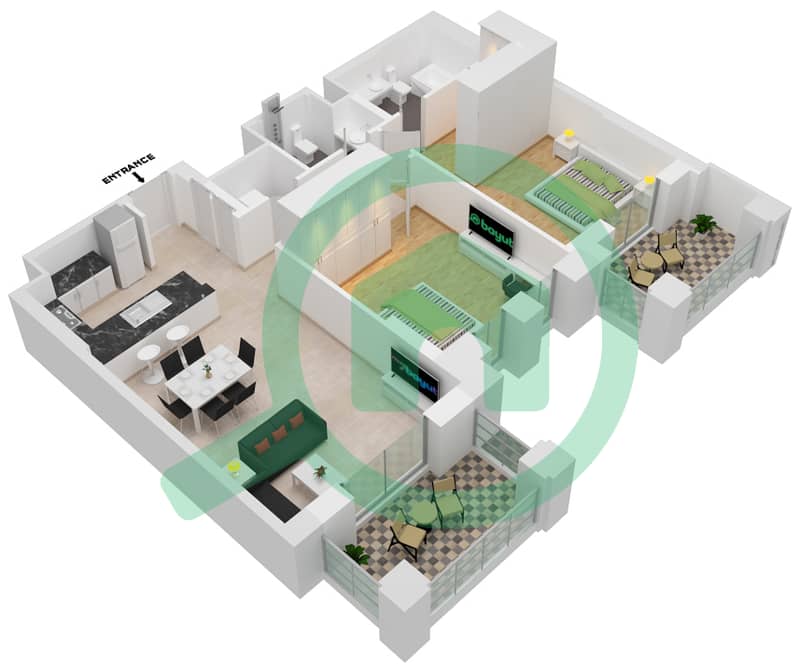 المخططات الطابقية لتصميم النموذج / الوحدة A5/205,305,405 شقة 2 غرفة نوم - بناية لماع 3 Floor 2-4 interactive3D