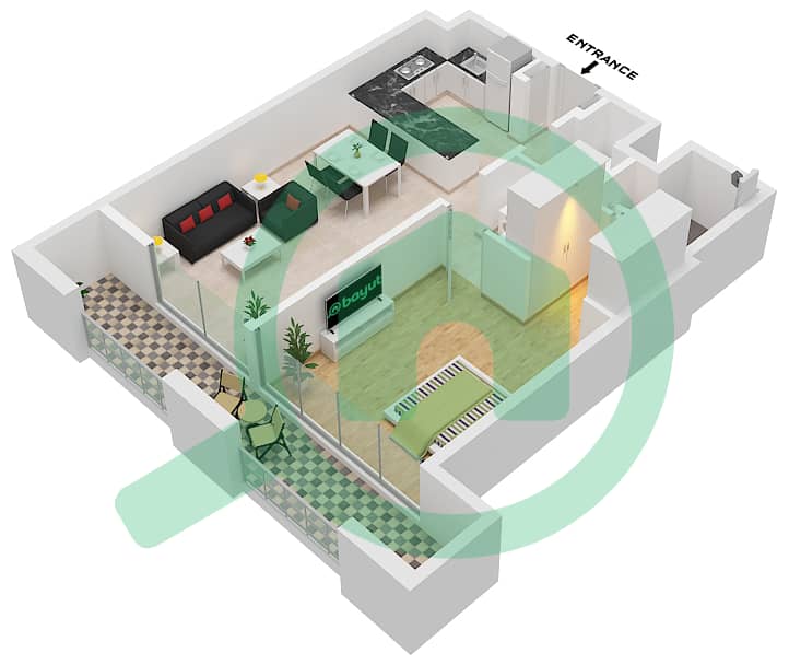 المخططات الطابقية لتصميم النموذج A2 شقة 1 غرفة نوم - روف هوم الجادة interactive3D