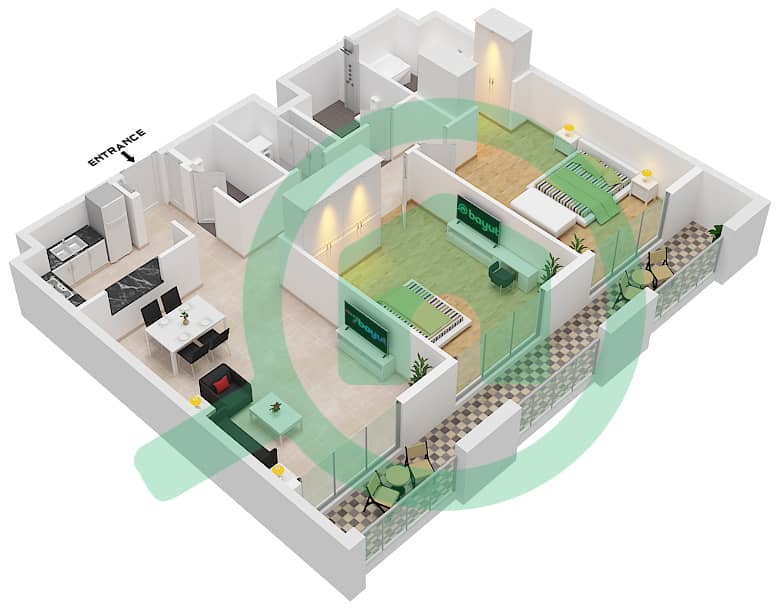 Rove Home Aljada - 2 Bedroom Apartment Type A1-2 Floor plan interactive3D