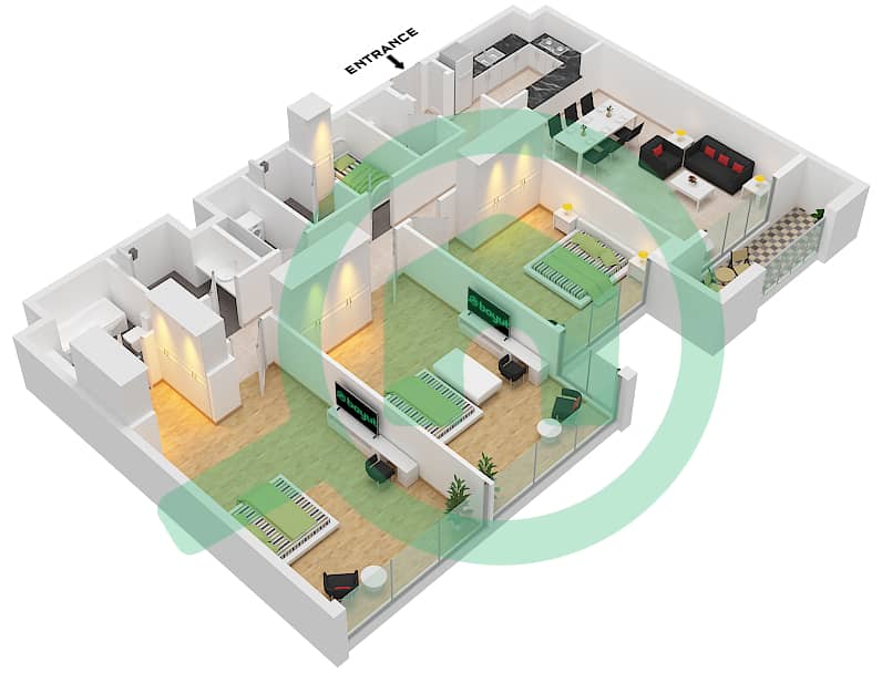 Rove Home Aljada - 3 Bedroom Apartment Type A1-02 Floor plan interactive3D