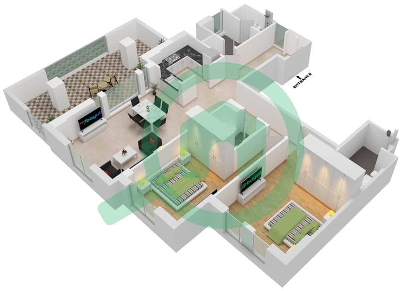المخططات الطابقية لتصميم النموذج / الوحدة C UNIT 7 شقة 2 غرفة نوم - مبنى لامتارا 1 Floor 1 interactive3D