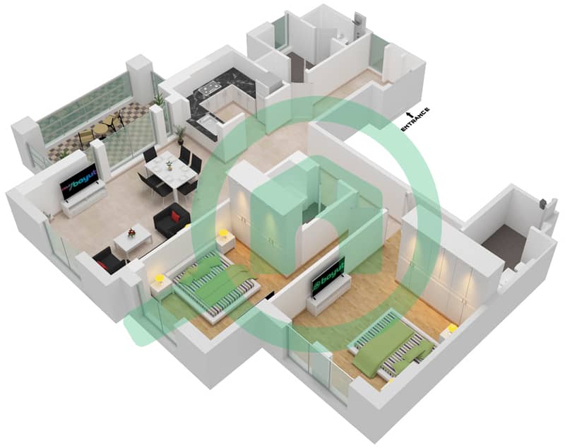 المخططات الطابقية لتصميم النموذج / الوحدة C UNIT 8 شقة 2 غرفة نوم - مبنى لامتارا 1 Floor 2-5 interactive3D