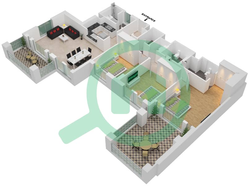 المخططات الطابقية لتصميم النموذج / الوحدة B UNIT 3 شقة 3 غرف نوم - مبنى لامتارا 1 Floor 1 interactive3D
