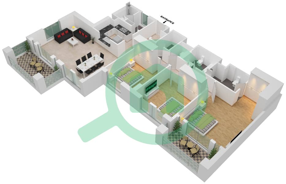 المخططات الطابقية لتصميم النموذج / الوحدة B UNIT-4 شقة 3 غرف نوم - مبنى لامتارا 1 Floor 4,5 interactive3D